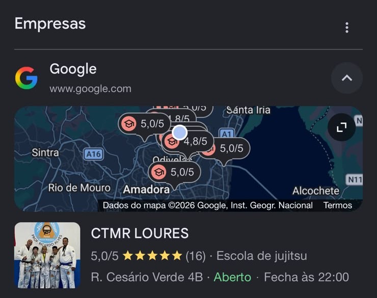 Pesquisa no Google mostrando o CTMR Loures em 1º lugar entre as empresas locais
